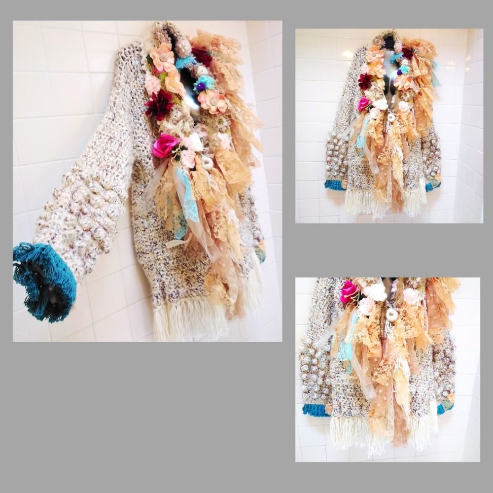 Hand Crafted Colorful Crochet Cardigan Jacket Fairy Shabby Chic Coat